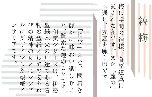 梅は学問の神様、菅原道真に愛された花です。また「産め」に通じ、安産を願う印です。「わび」とは、閑居を静かに味わい楽しむこと、質素な趣のことです。和美シリーズは、伊勢型紙本来の用途である着物の型紙としての姿をわびの精神のもとにシンプルにデザインした型紙インテリアです。