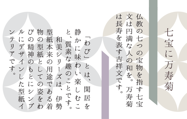 仏教の七つの宝物を指す七宝文は円満な人の和を。万寿菊は長寿を表す吉祥文です。「わび」とは、閑居を静かに味わい楽しむこと、質素な趣のことです。和美シリーズは、伊勢型紙本来の用途である着物の型紙としての姿をわびの精神のもとにシンプルにデザインした型紙インテリアです。