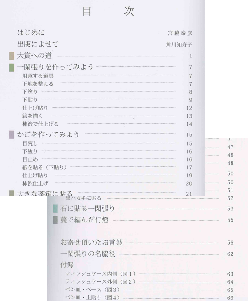 （見本ページ）一閑張りの専門書「みやちゃんの一閑張り」目次の一部