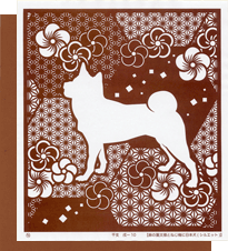 型紙付き図案-戌(いぬ)-10(麻の葉文様とねじ梅に日本犬【シルエット】)