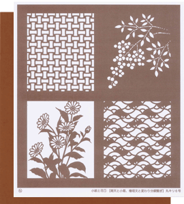型紙付き図案-小紋と花-１【南天と小菊、檜垣文と変わり分銅繋ぎ】丸キリ：6号