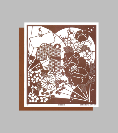 型紙付き図案：お雛さま-３２【紙雛に扇と花】