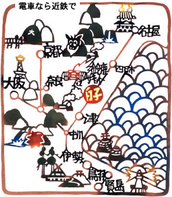 白子駅を中心にした近鉄電車路線図イメージ（伊勢型紙彫刻で製作）