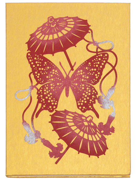 伊勢型紙の御朱印帳「蝶に和傘」（金）