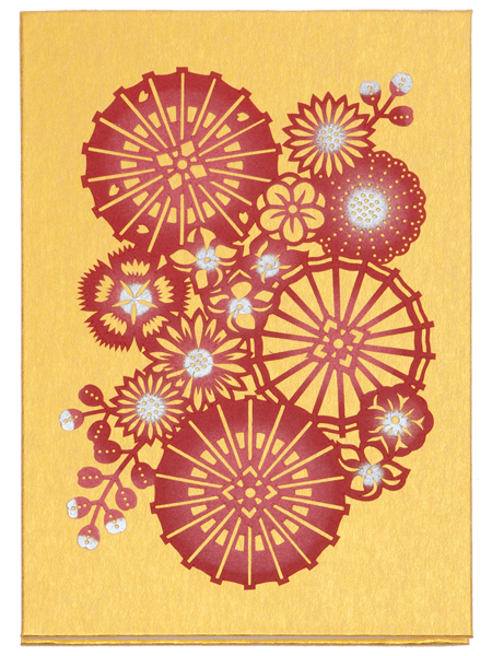 伊勢型紙の御朱印帳「和傘に花尽くし」（金）