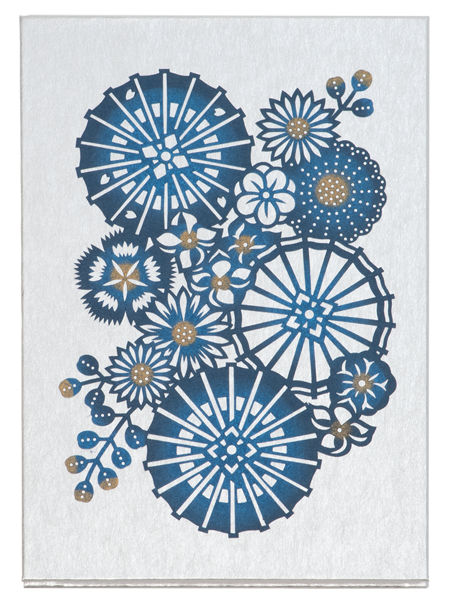 伊勢型紙の御朱印帳「和傘に花尽くし」（銀）