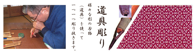 道具彫り：様々な形の刃物（道具）を使って、一つ一つ彫り抜きます。